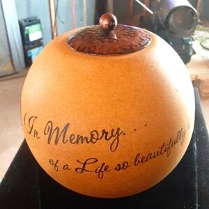 Tan Decorative Accent Sphere with Elegant Script and Contrasting Lid